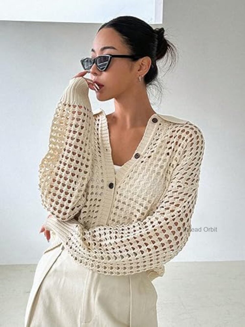 Lightweight Crochet Cardigan Sweater Button Front Loose Fit Long Sleeve - Picture 3 of 7